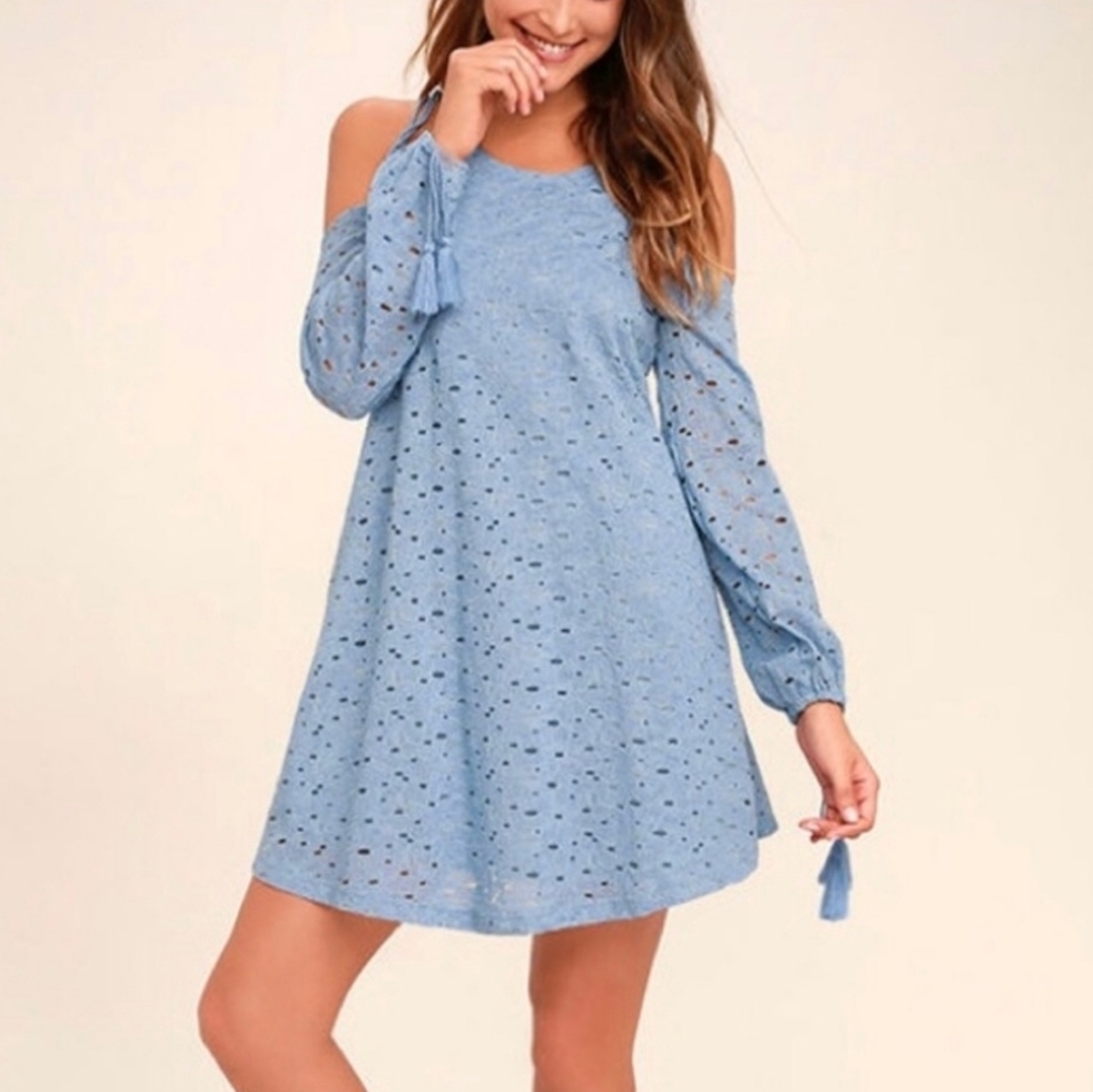 J.O.A. Cold Shoulder Long Sleeve Eyelet Distressed Blue Tassel Mini Dress Medium